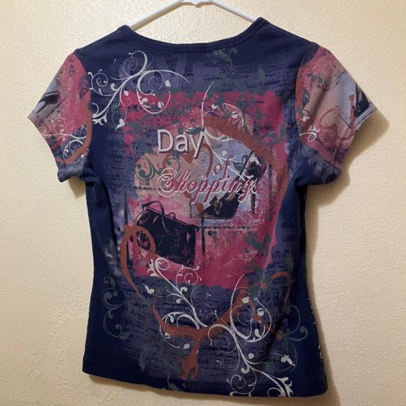 Y2K Vintage Suzie Petite Women's 'Day Of Shopping' Rhinestone Baby Tee Size PL - Picture 2 of 4